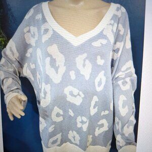 SIZE XL HONEYME CURVY Gray & Ivory Long Sleeve V-Neck Sweater INVPV352